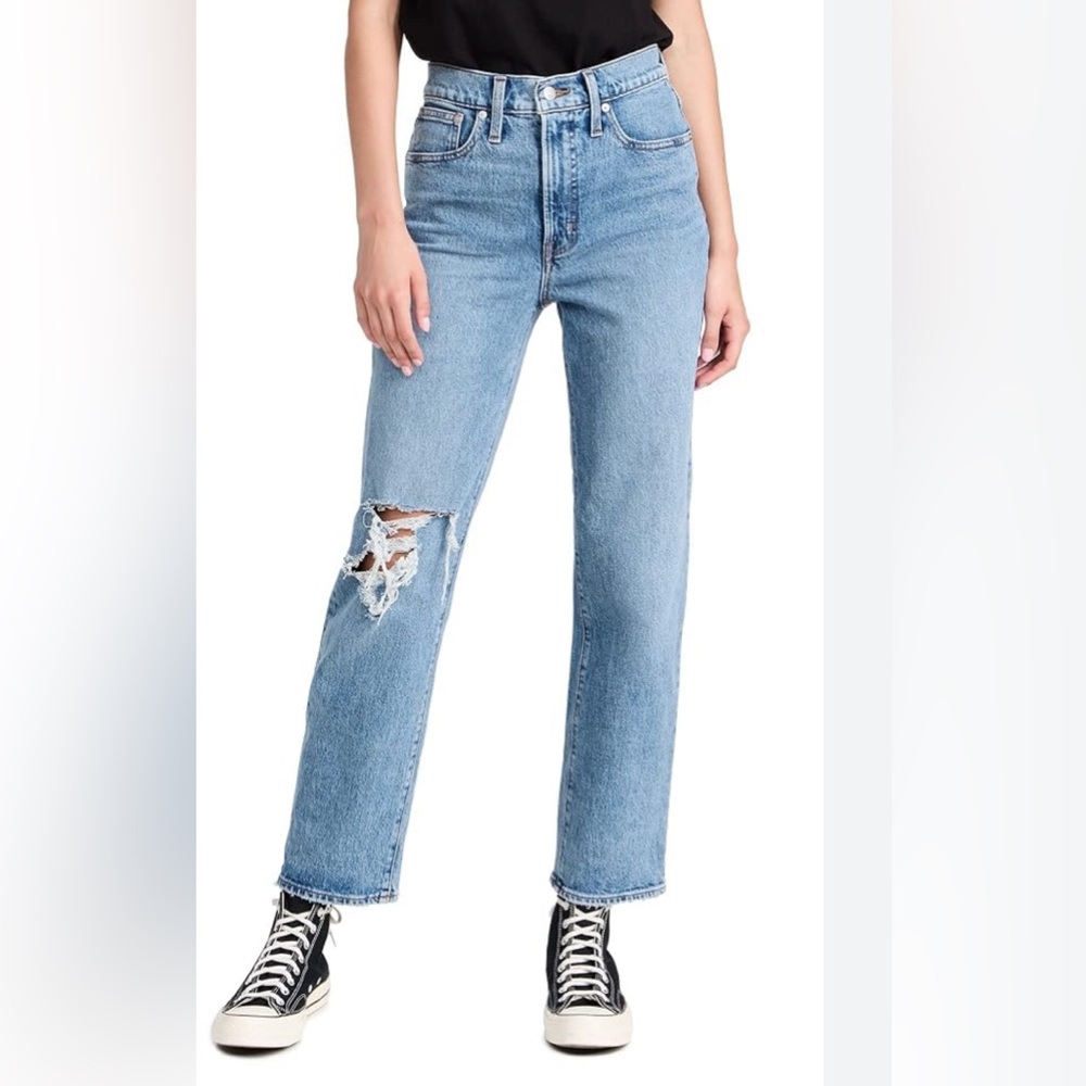 Madewell Light Blue Straight Leg Jeans with Knee Rip
